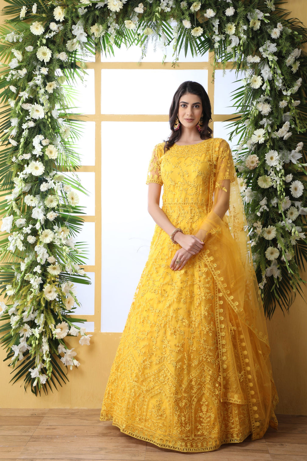Yellow Thread Embroidered Net Party Wear Anarkali Gown With Dupatta