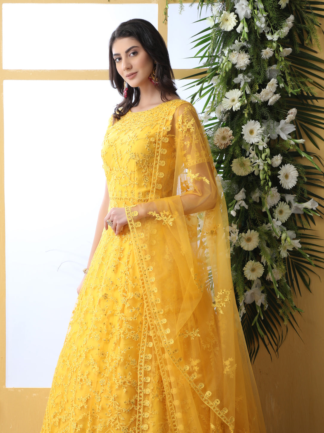 Yellow Thread Embroidered Net Party Wear Anarkali Gown With Dupatta