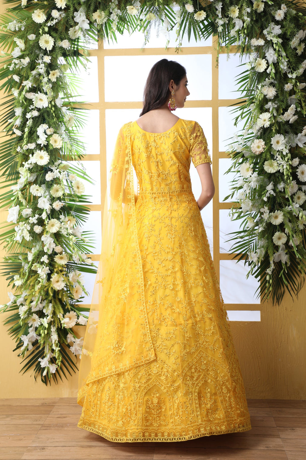 Yellow Thread Embroidered Net Party Wear Anarkali Gown With Dupatta