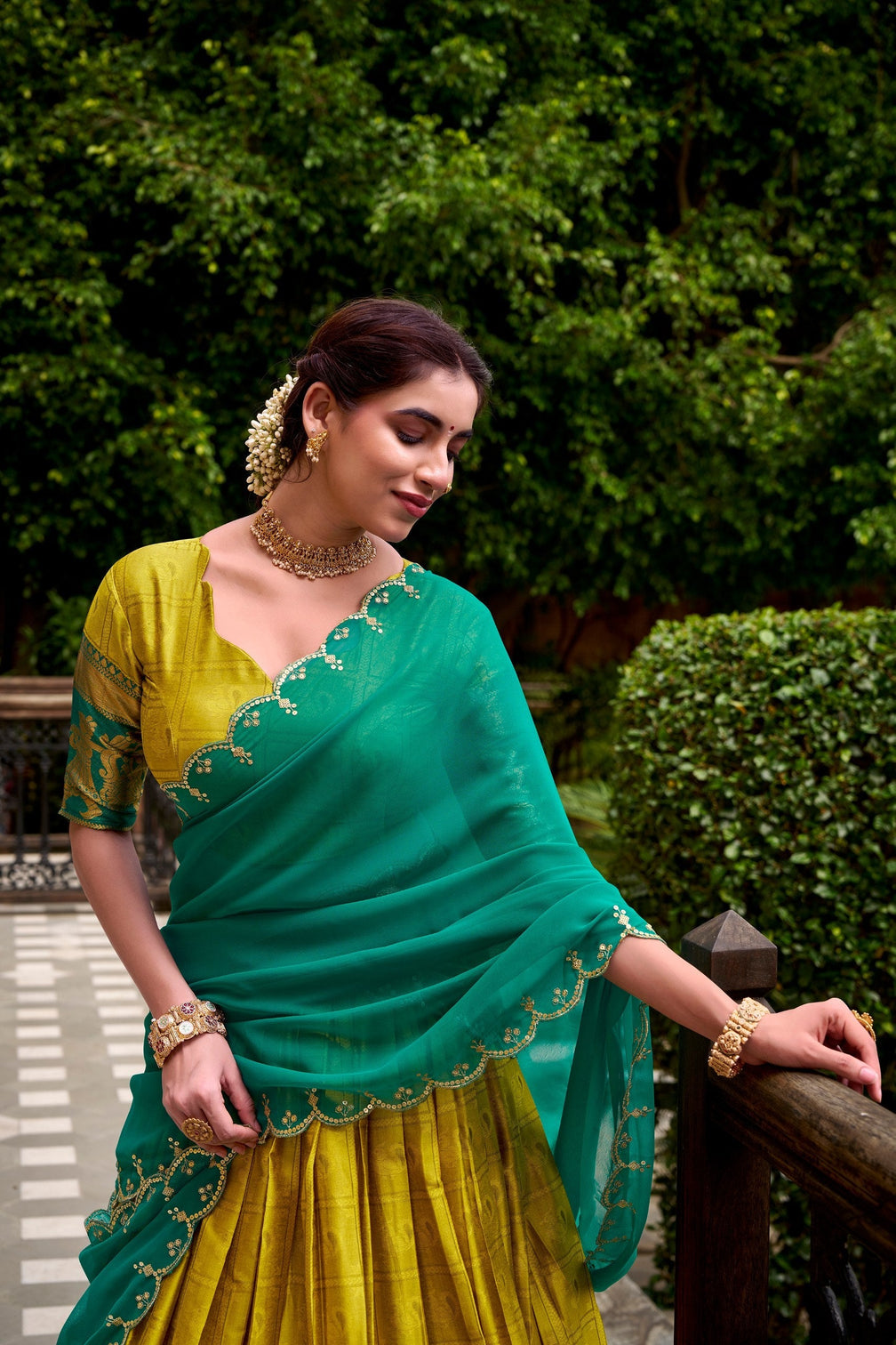 Yellow Traditional Poly Cotton Lehenga with Zari Weaving Work & Georgette Embroidered Dupatta – Stitched Lehenga with Unstitched Blouse
