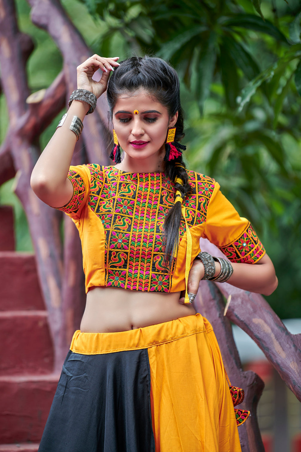 Yellow & Black Embroidered Cotton Indian Traditional Festival Dandiya Raas Garba Semi Stitched Navratri Lehenga