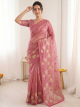 Coral Pure Oris Silk Saree with Embroidered Lotus Buttis & Applique Border