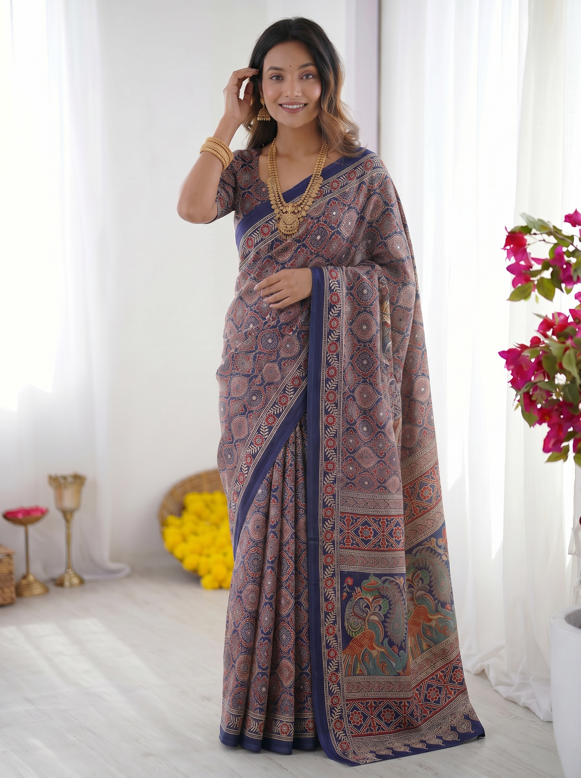 Royal blue modal silk saree with intricate ajrakh inspired geometric prints peacock artistic pallu traditional border mameraa