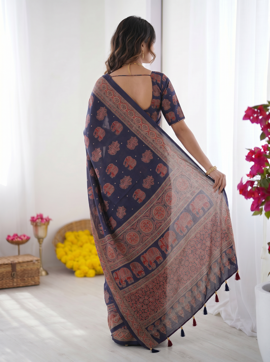 Navy blue modal silk saree with elephant motif ajrakh print heritage designer pallu traditional festive wear saree