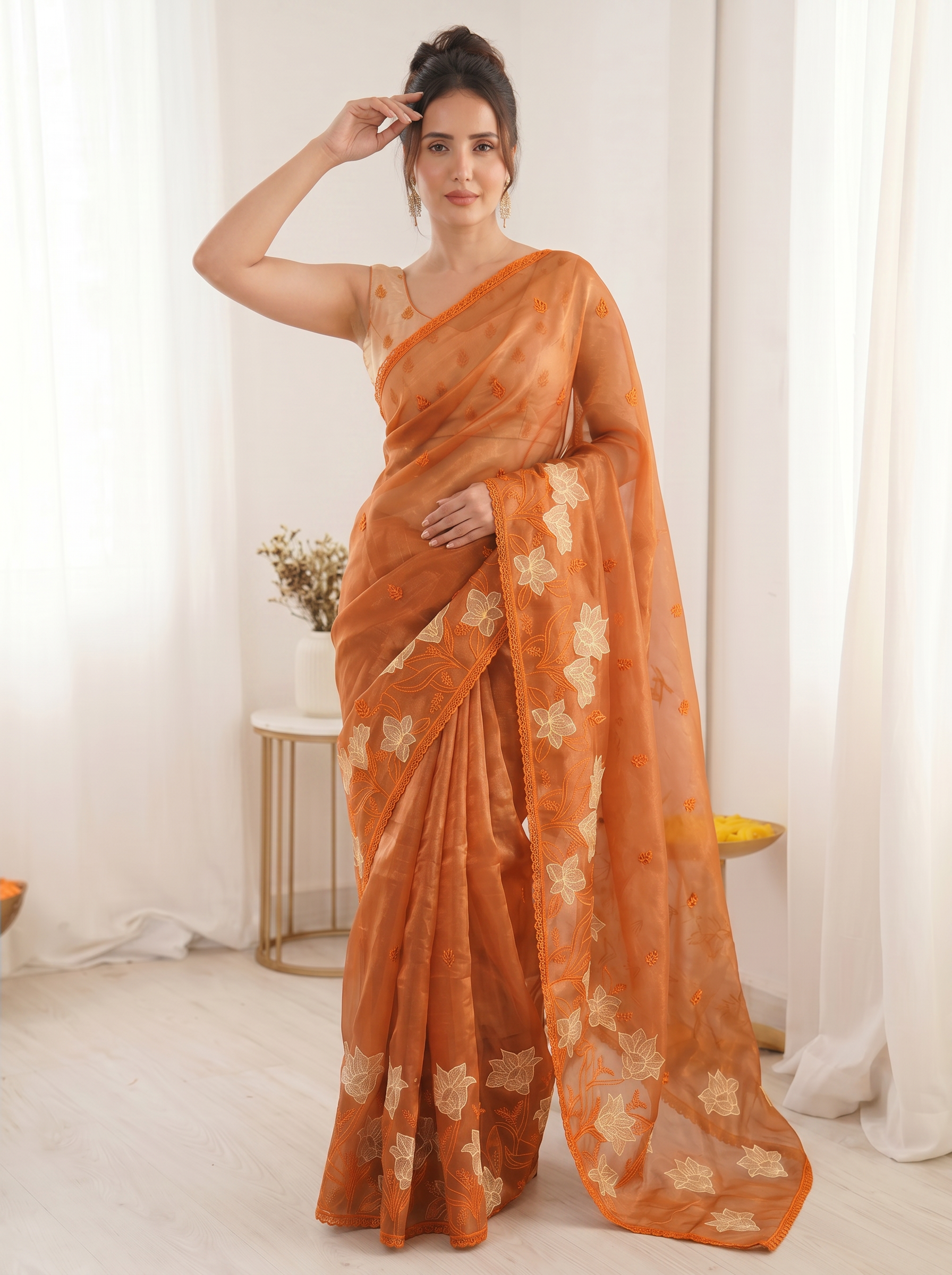 Orange Pure Oris Silk Saree with Embroidered Lotus Buttis & Applique Border
