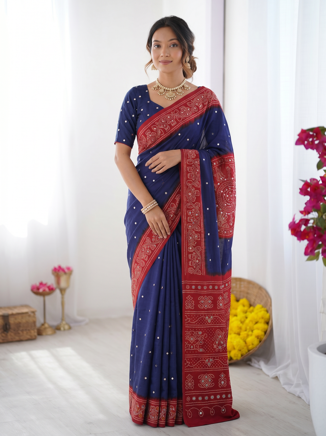 Royal blue crimson red bandhani inspired modal silk saree with traditional folk art pallu stone embellishments