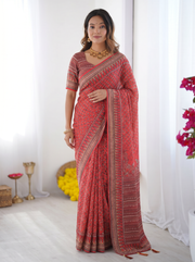 Coral red modal silk saree with traditional floral butti prints heritage border elegant ethnic designer pallu mameraa
