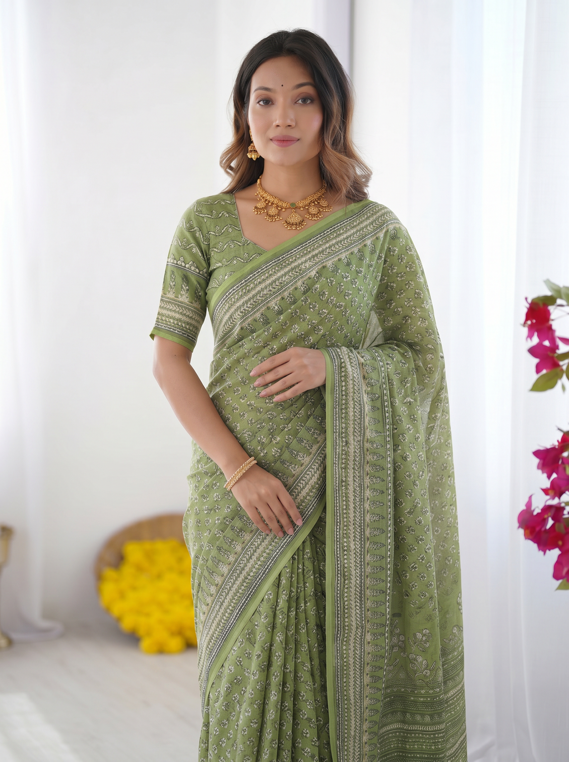 Sage green modal silk saree with delicate floral butti prints traditional heritage border elegant designer pallu