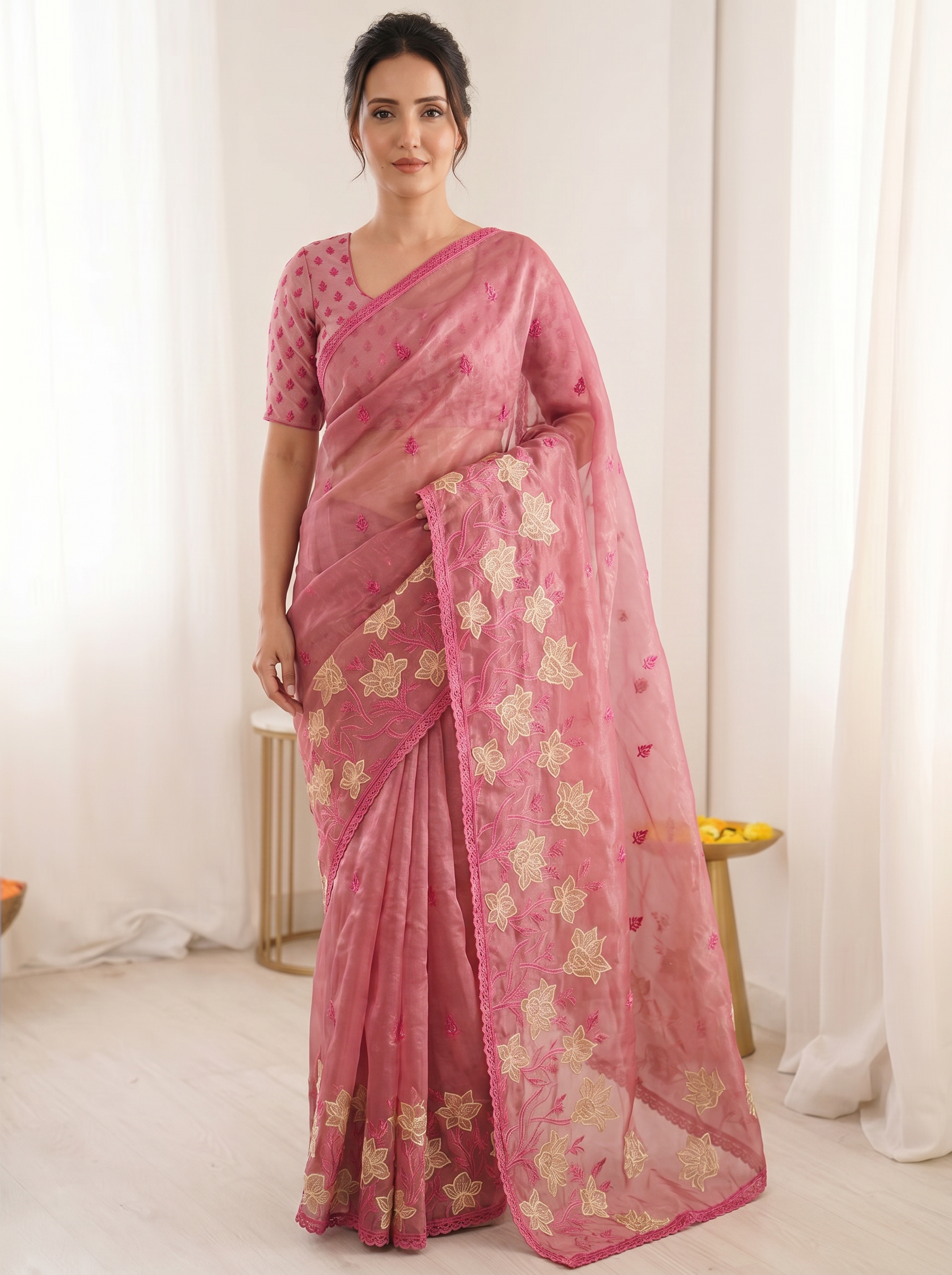 Coral Pure Oris Silk Saree with Embroidered Lotus Buttis & Applique Border