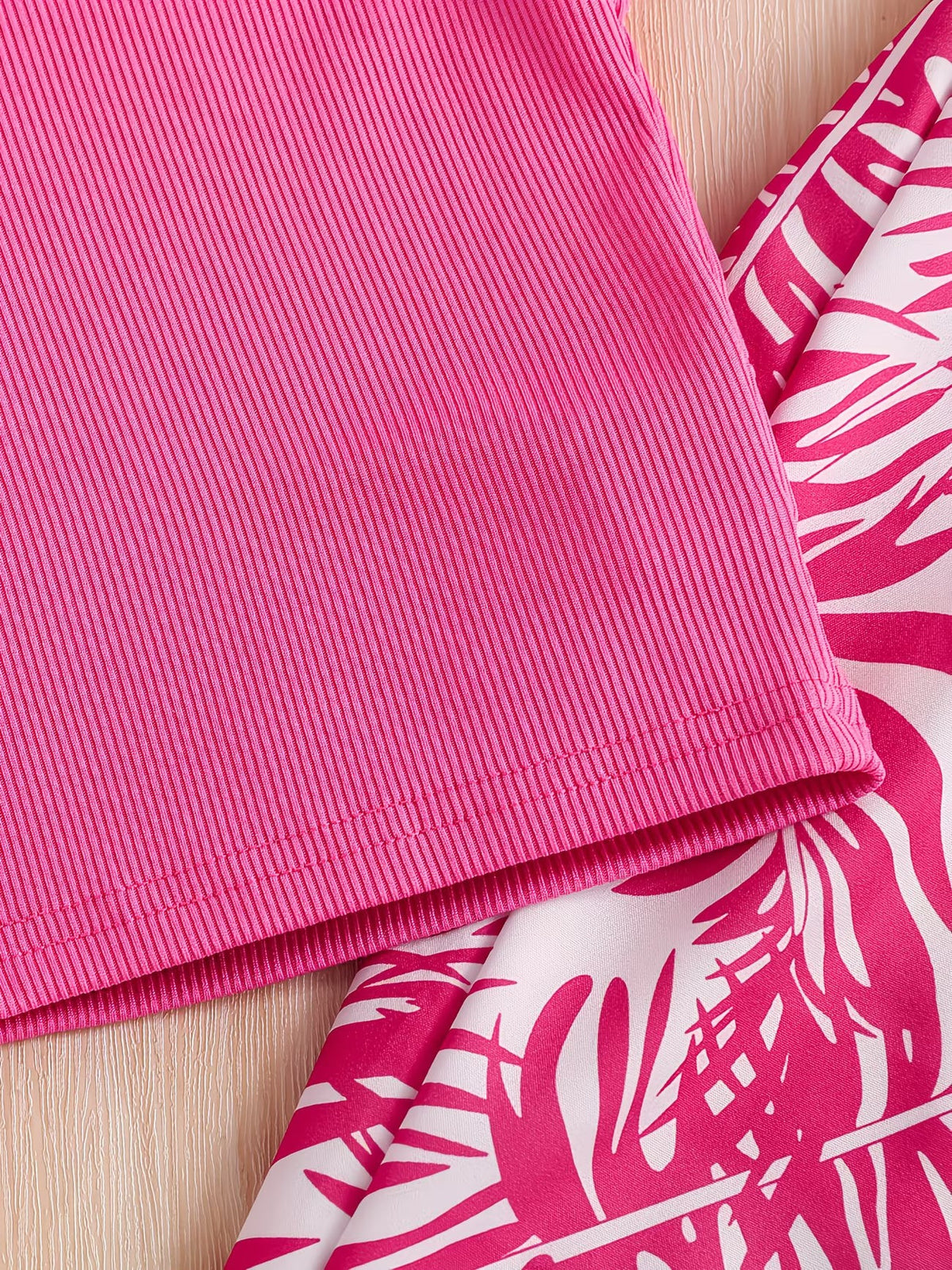 Girls Pink Ribbed Sleeveless Crop Top & Tropical Leaf Print Pants Set