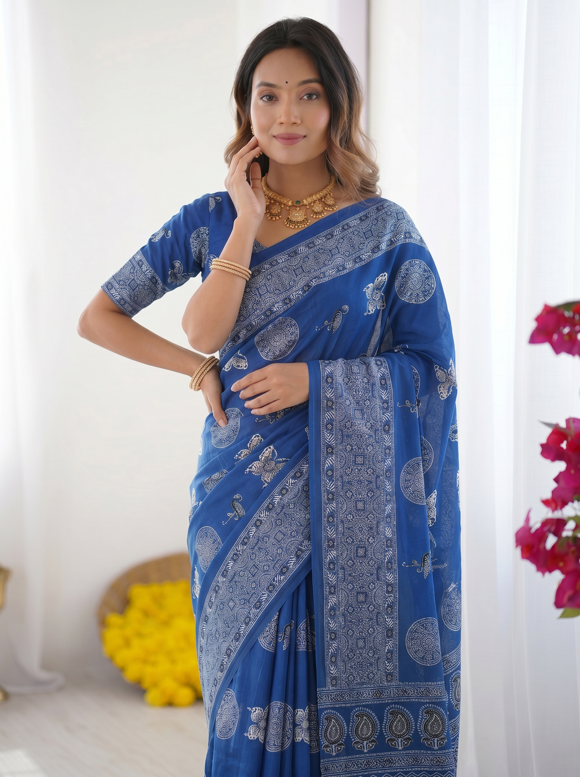 Royal blue modal silk saree with paisley circular motif print designer heritage pallu saree for festive wear