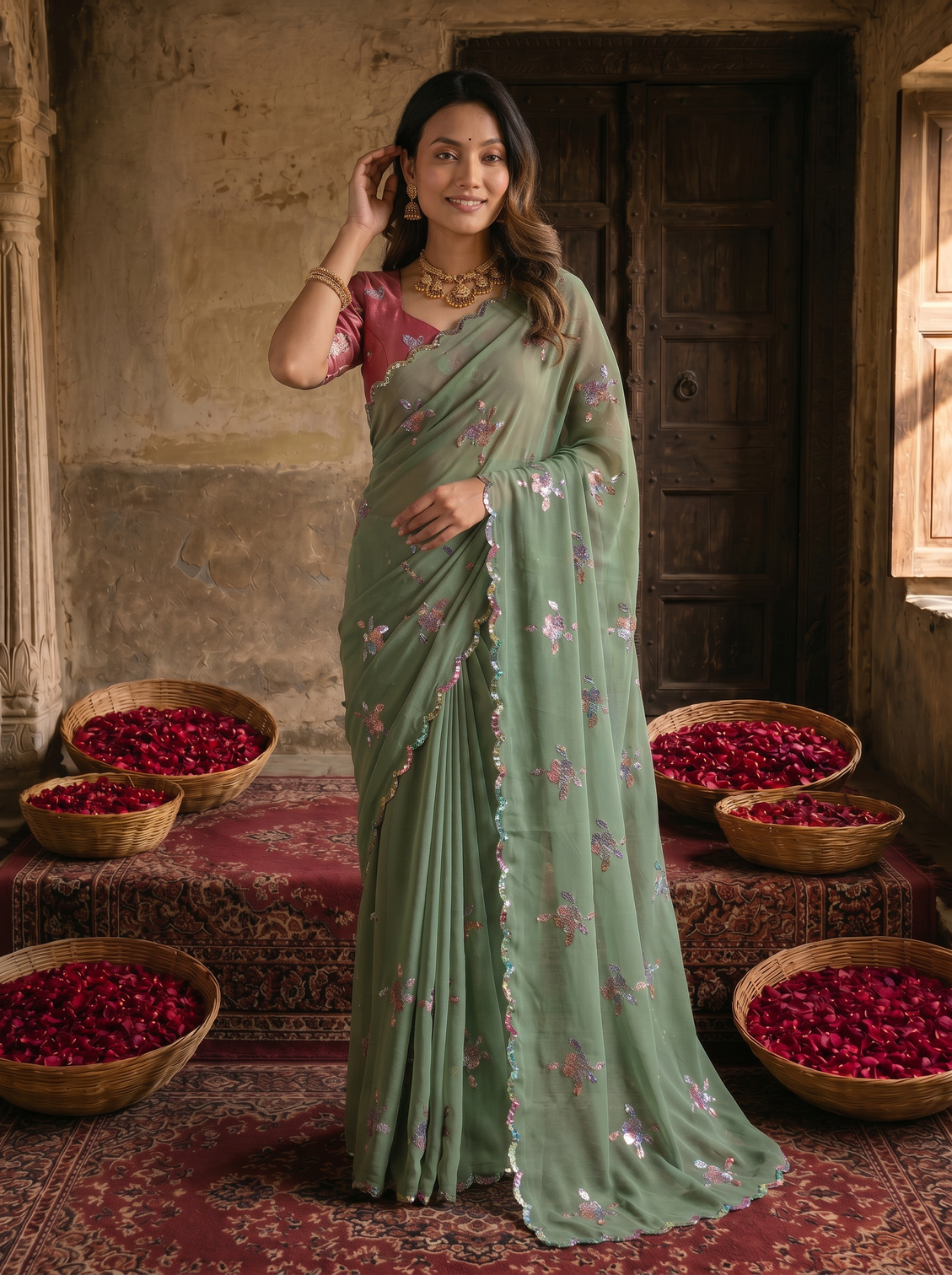 Sage green georgette embroidered saree with floral sequin work designer blouse