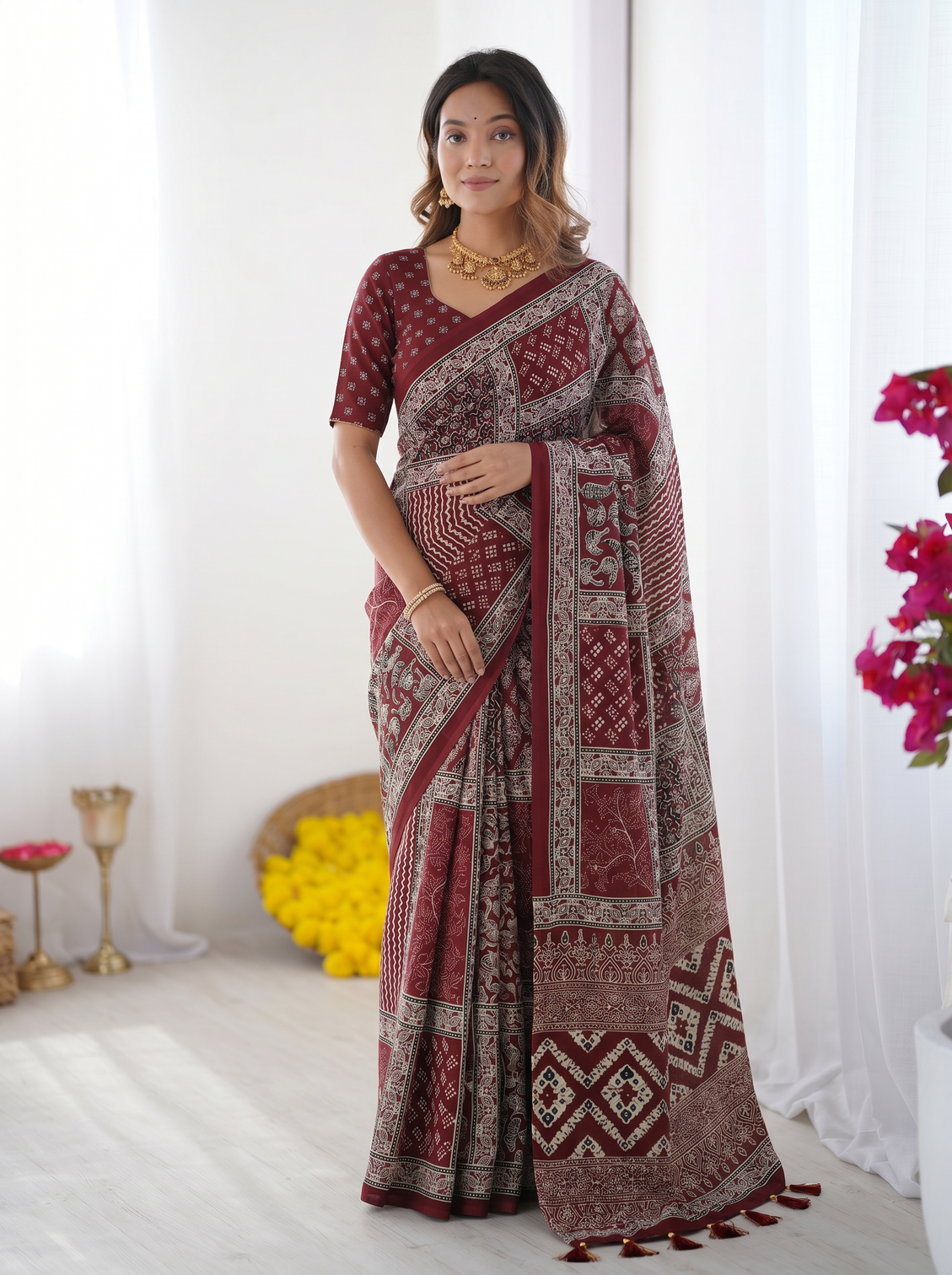 Maroon modal silk saree with tribal geometric print designer ethnic pallu saree for festive cultural wear mameraa