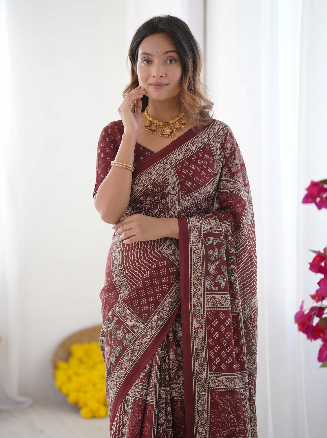 Maroon modal silk saree with tribal geometric print designer ethnic pallu saree for festive cultural wear