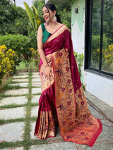 Absorbing Maroon Woven Paithani Silk Trendy Saree With Blouse