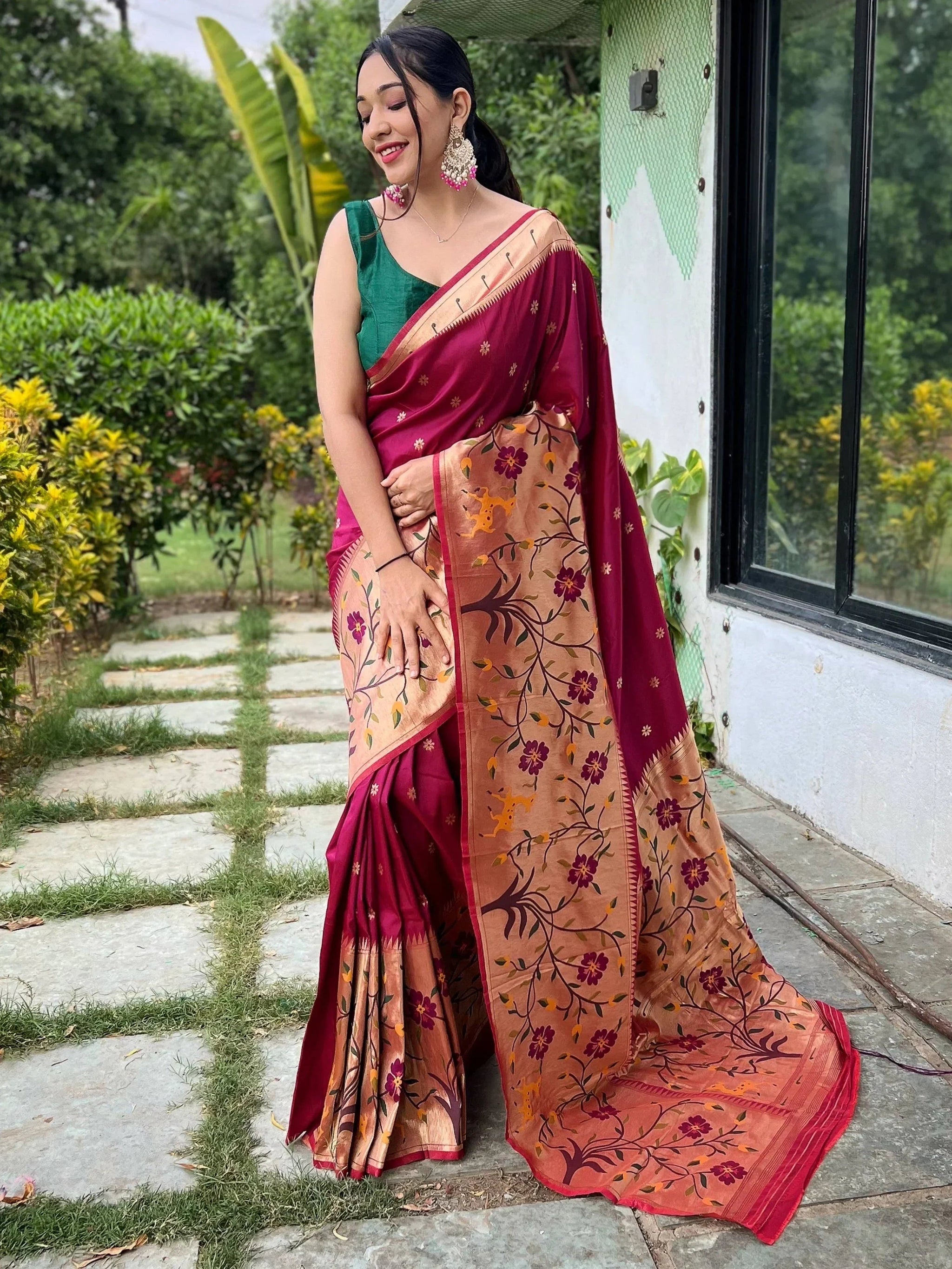 Absorbing Maroon Woven Paithani Silk Trendy Saree With Blouse