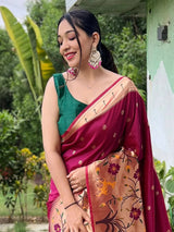 Absorbing Maroon Woven Paithani Silk Trendy Saree With Blouse