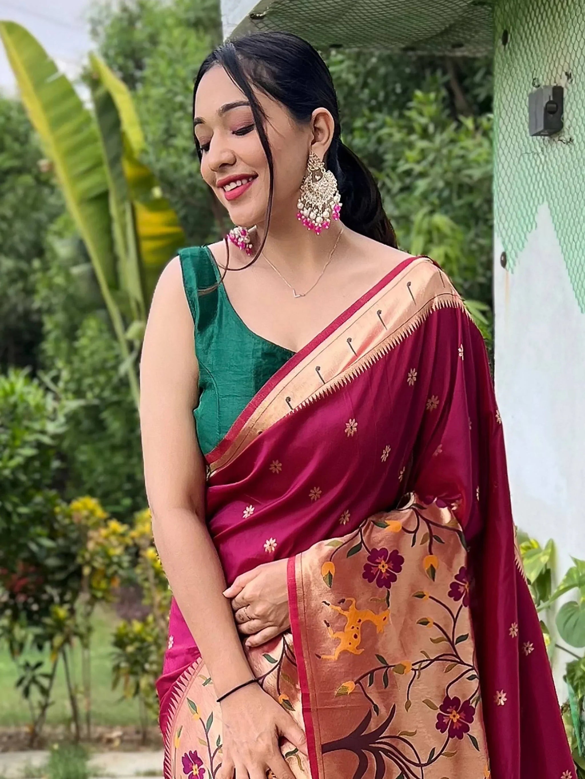 Absorbing Maroon Woven Paithani Silk Trendy Saree With Blouse
