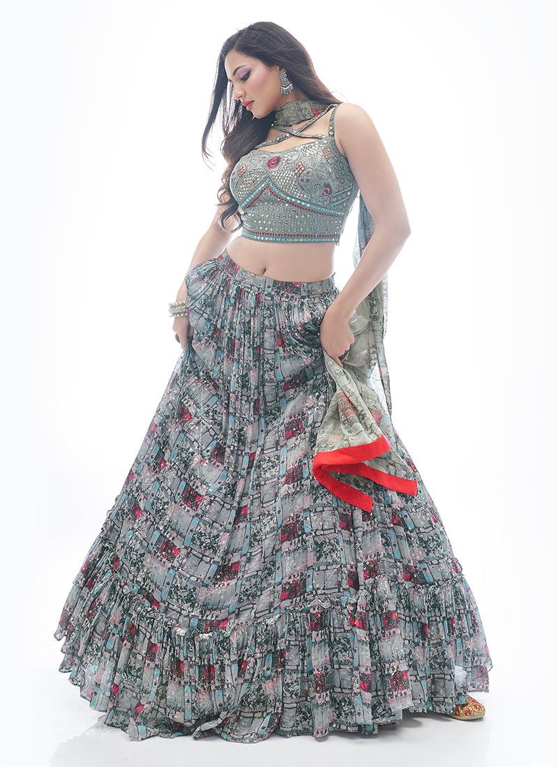 Abstract Pattern Grey Printed Lehenga