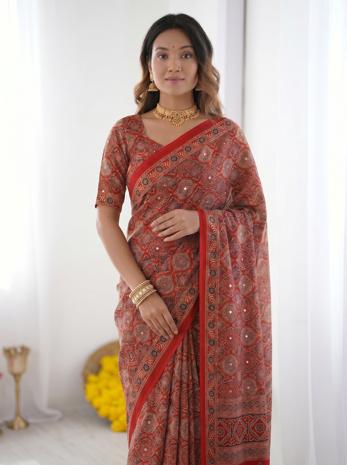 Rustic brick red modal silk saree with heritage geometric motifs traditional designer border artistic pallu