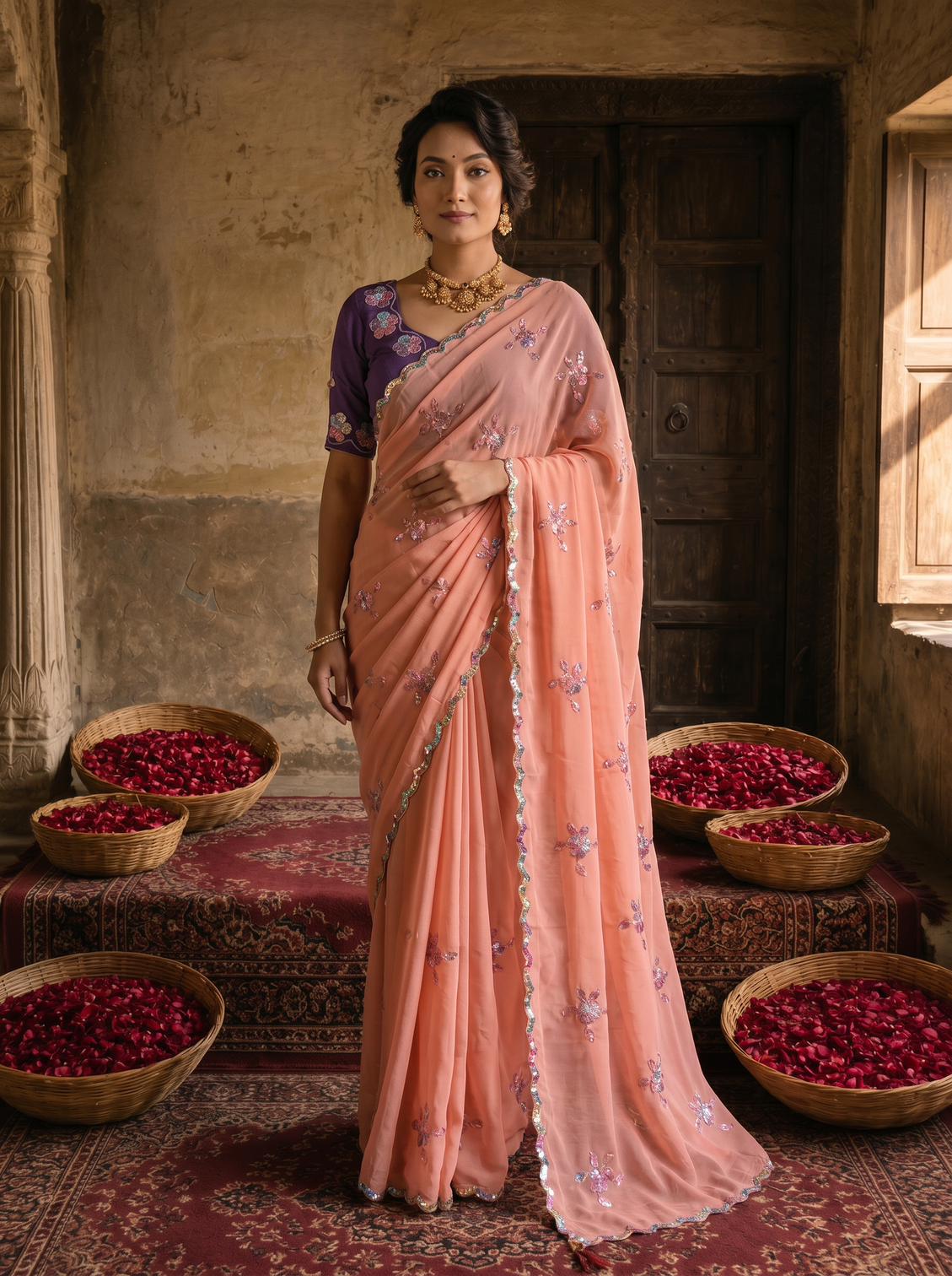 Peach pink georgette embroidered saree with floral sequin work contrast purple blouse mameraa