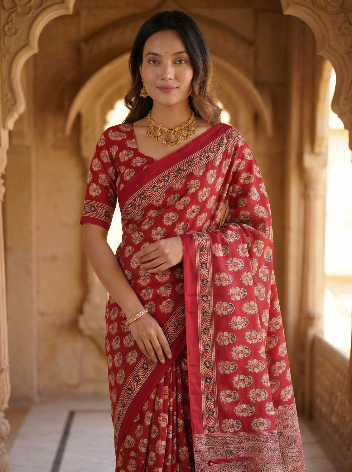 Royal crimson red pure modal silk saree with heritage floral buti print traditional designer pallu