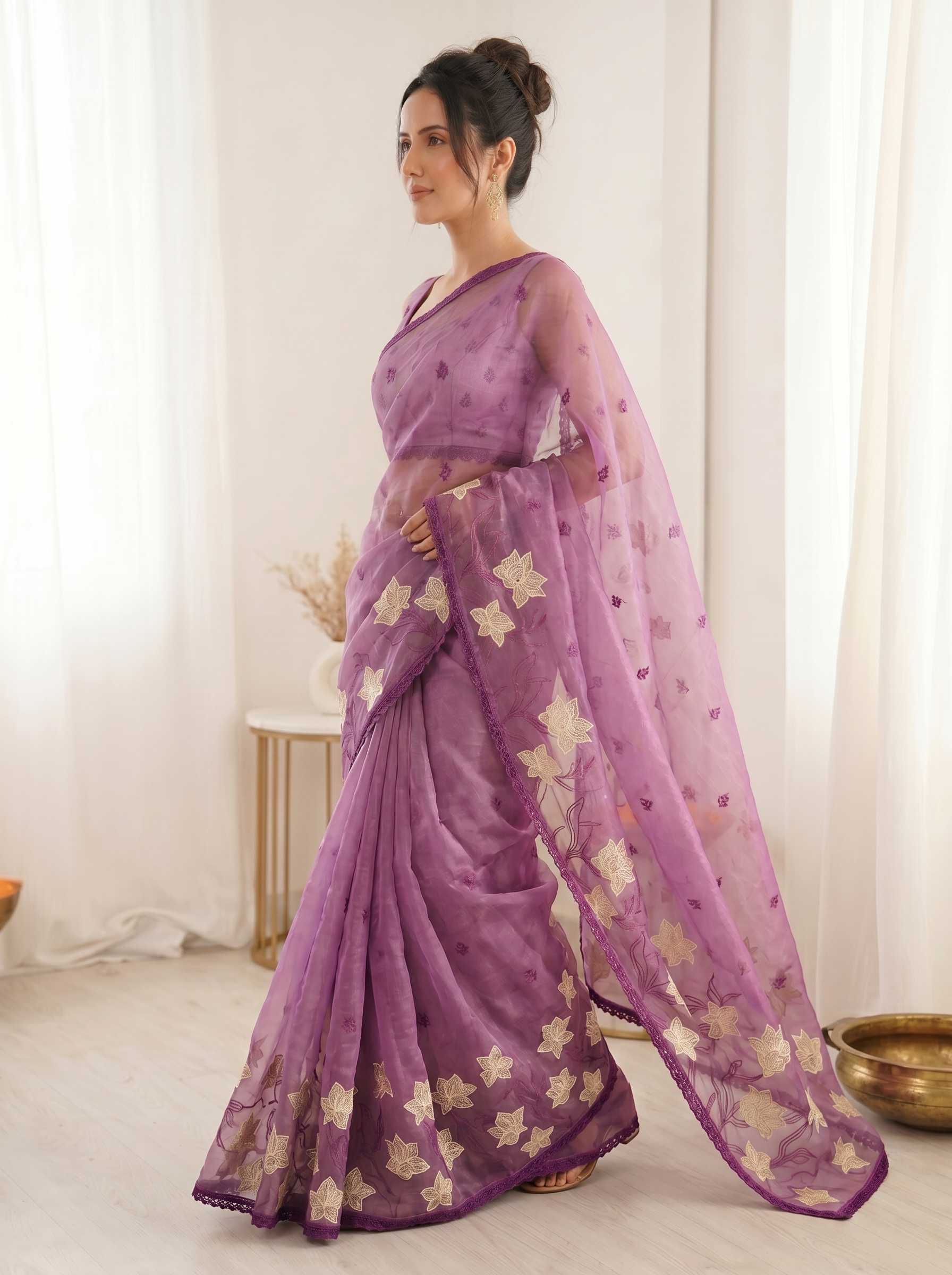 Pink Pure Oris Silk Saree with Embroidered Lotus Buttis & Applique Border