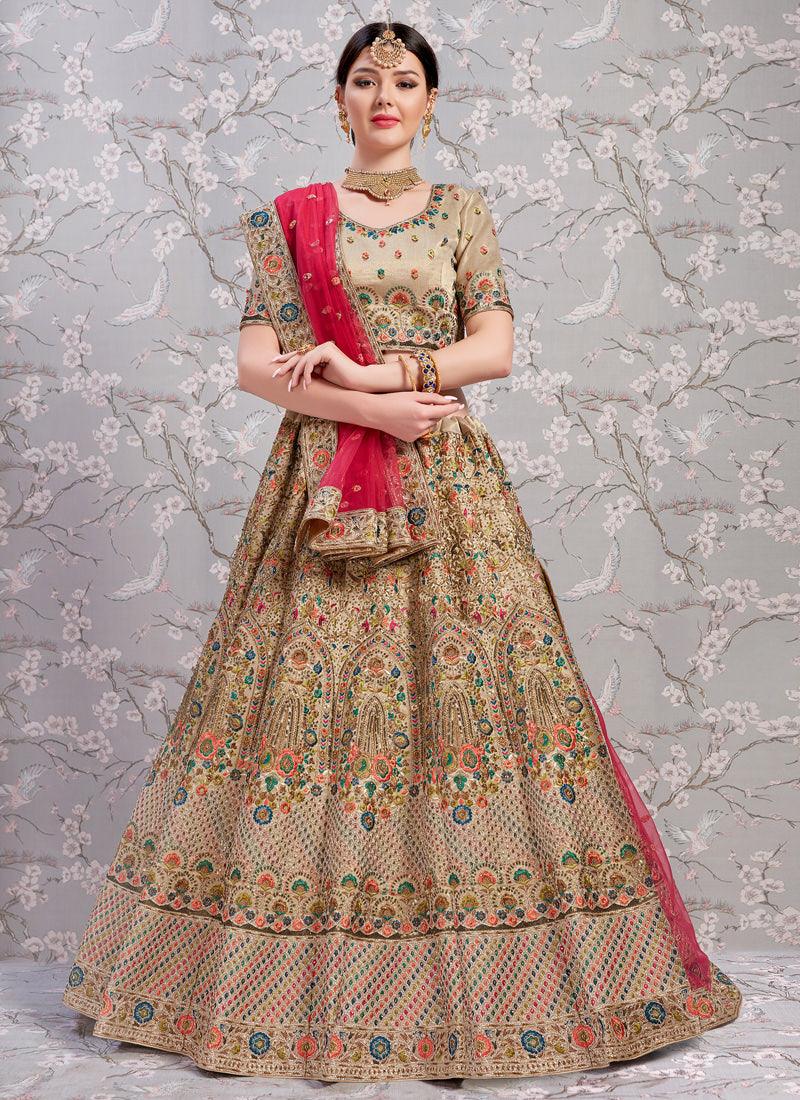 Adorable Beige And Red Silk Base Sangeet Designer Lehenga Choli