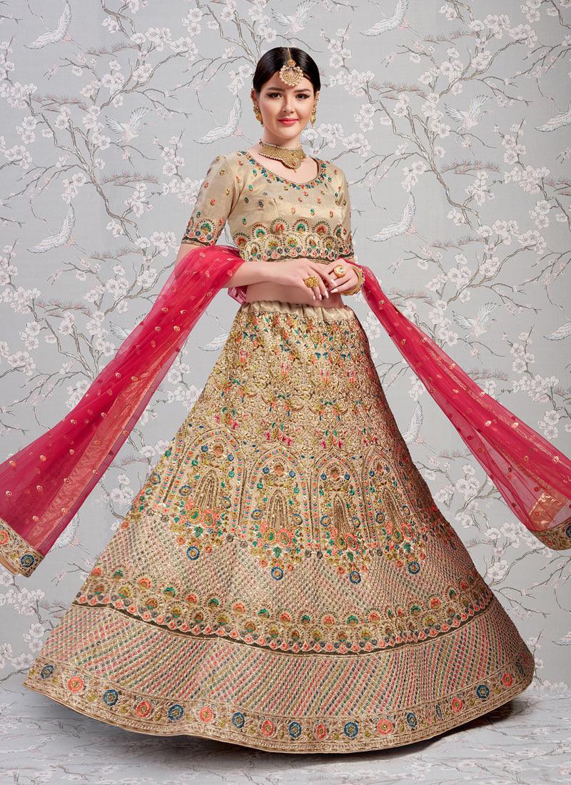 Adorable Beige And Red Silk Base Sangeet Designer Lehenga Choli