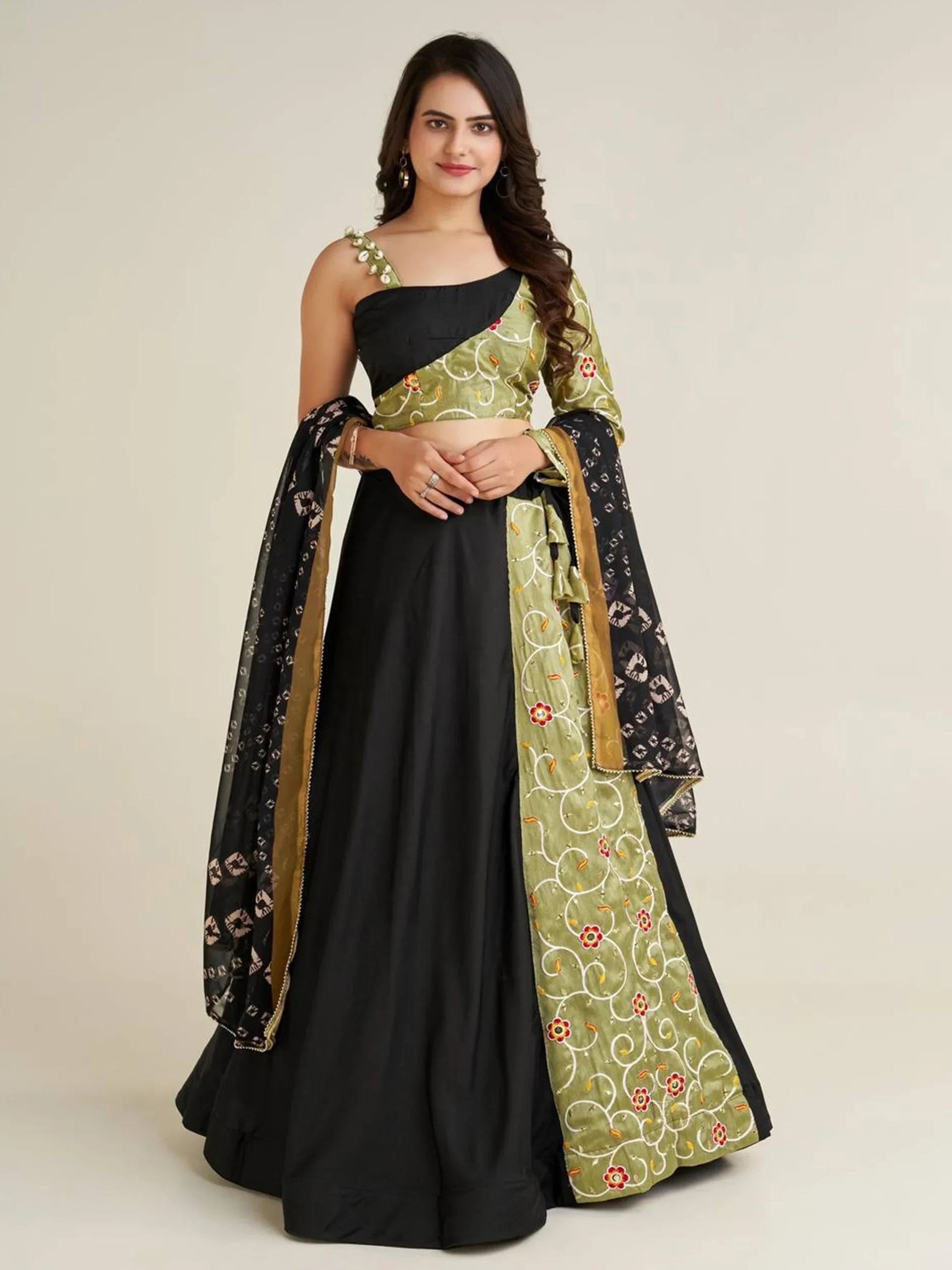 Adorable Black Printed Rayon Navratri Lehenga Choli With Dupatta