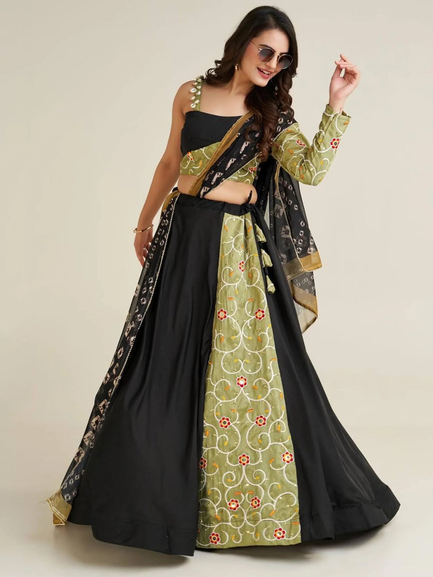 Adorable Black Printed Rayon Navratri Lehenga Choli With Dupatta