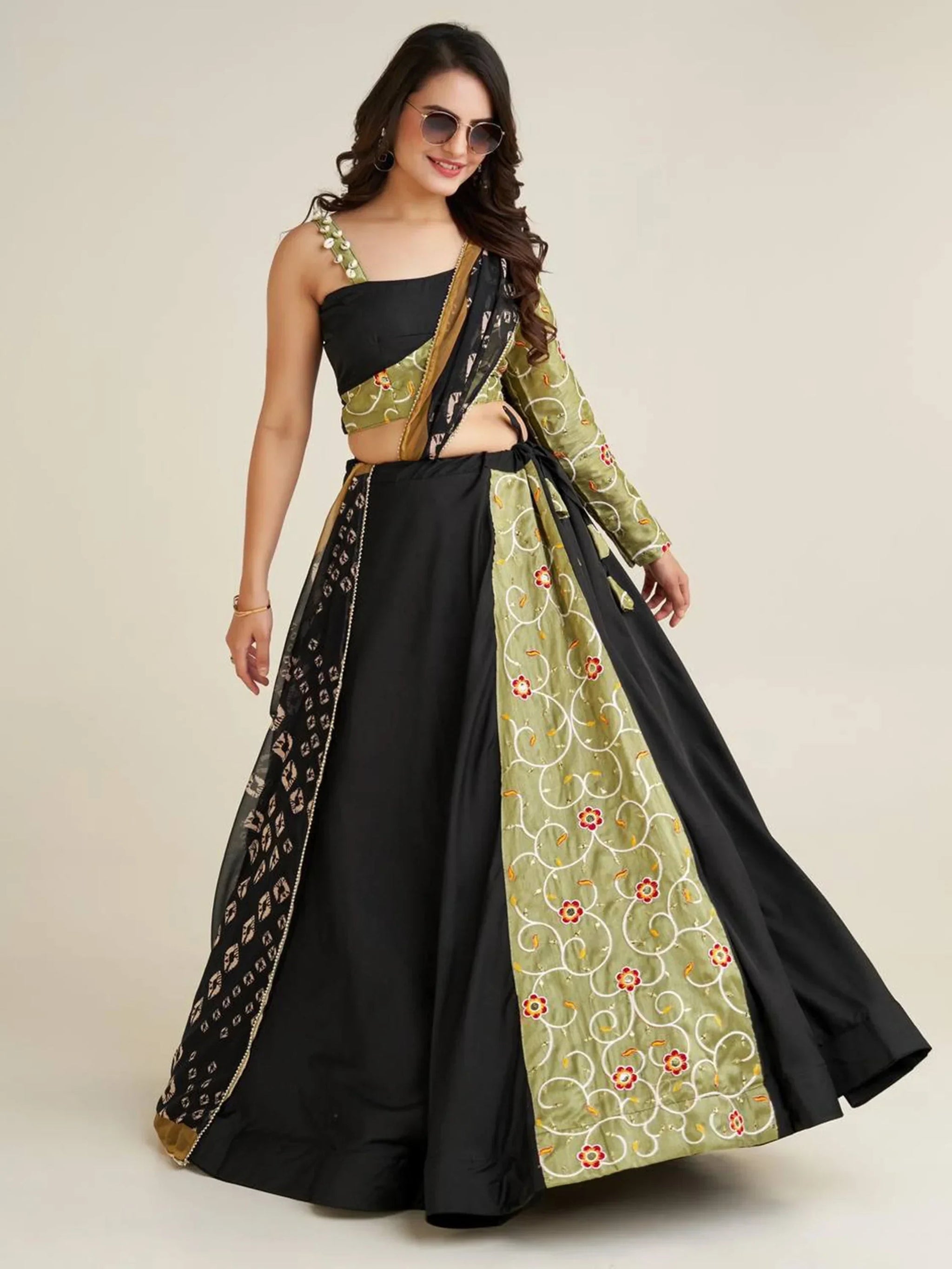 Adorable Black Printed Rayon Navratri Lehenga Choli With Dupatta