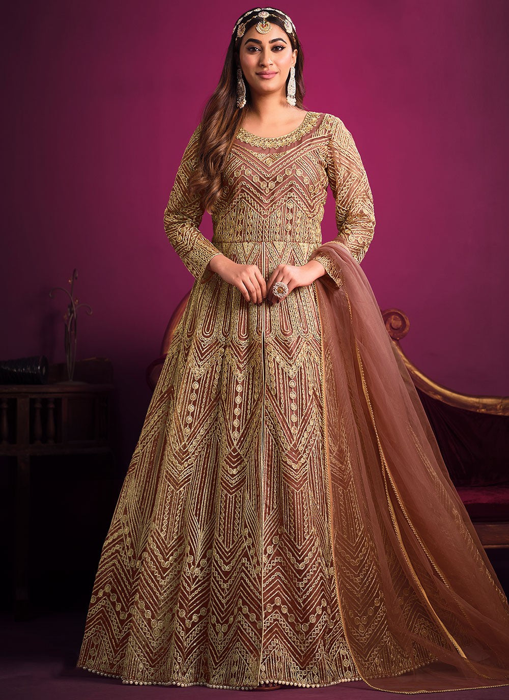 Adorable brown net sequins embroidery anarkali suit