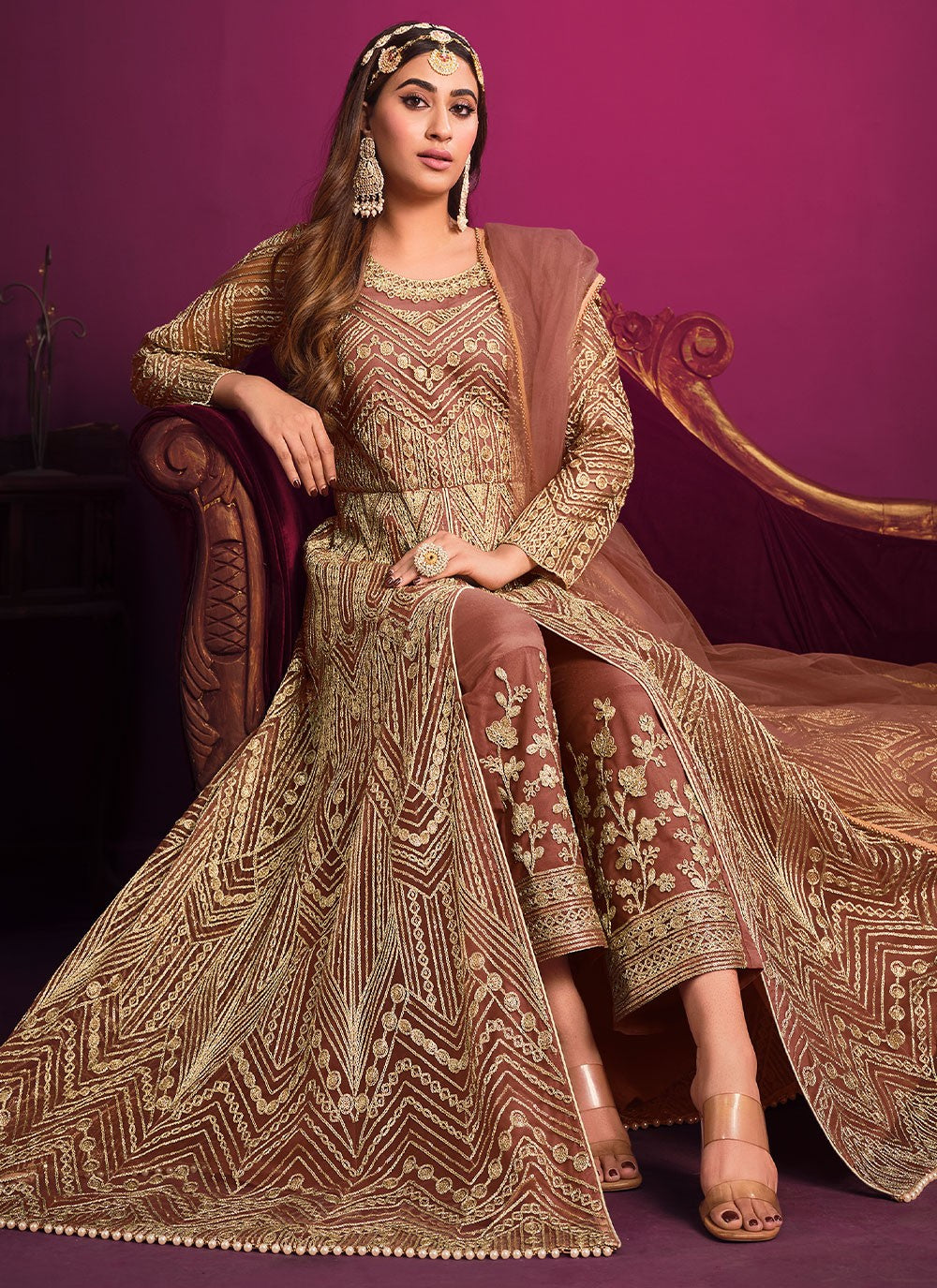 Adorable brown net sequins embroidery anarkali suit