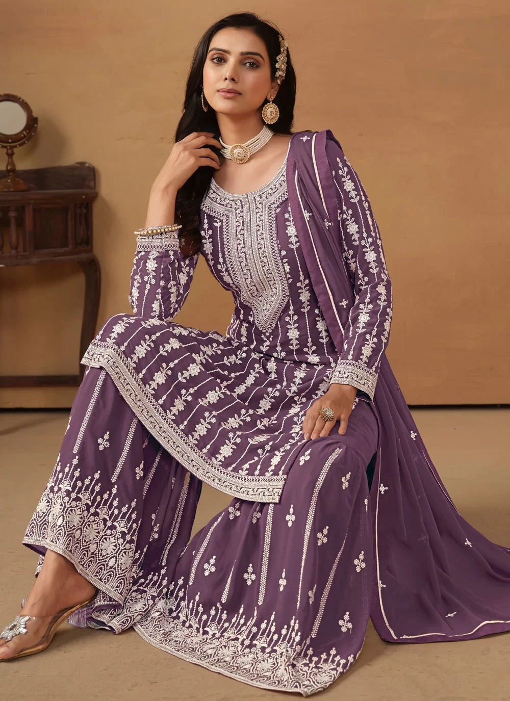 Adorable embroidered faux georgette sharara salwar kameez