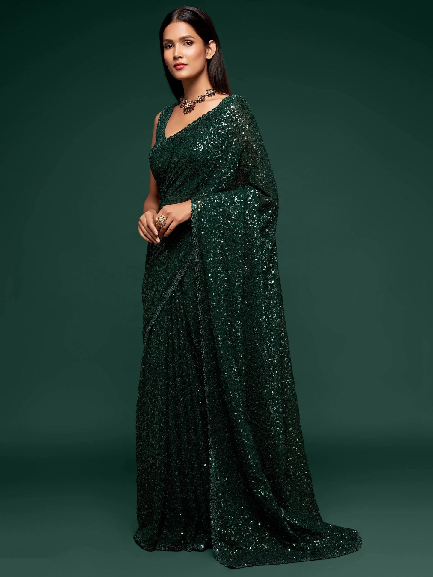 Adorable Green Sequins Georgette Party Wear Saree With Blouse