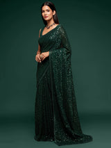 Adorable Green Sequins Georgette Party Wear Saree With Blouse