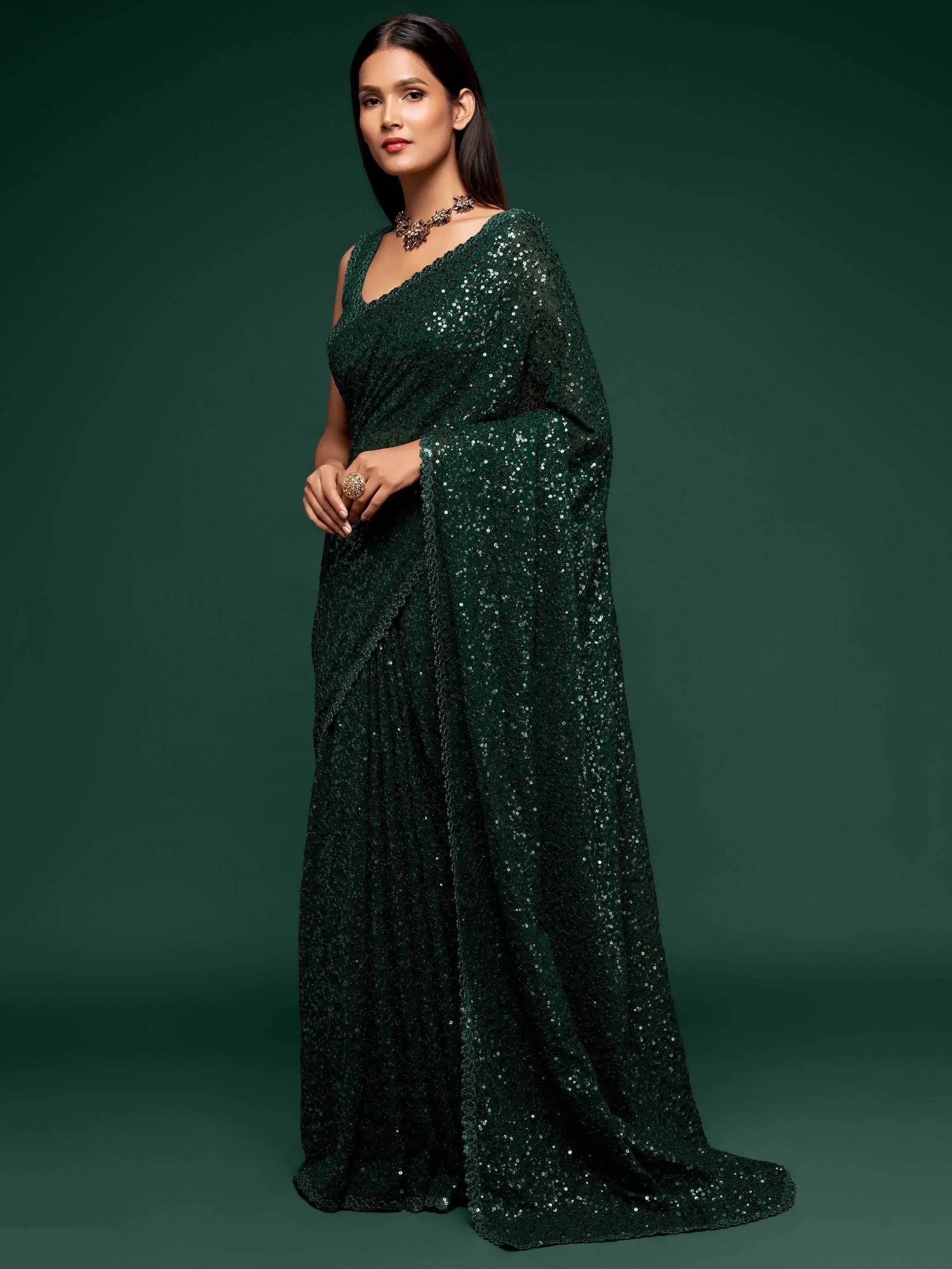 Adorable Green Sequins Georgette Party Wear Saree With Blouse