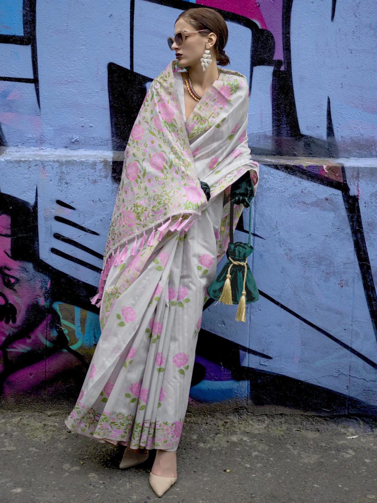 Adorable Grey Floral Printed Silk Function Wear Saree With Blouse