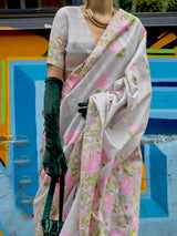 Adorable Grey Floral Printed Silk Function Wear Saree With Blouse
