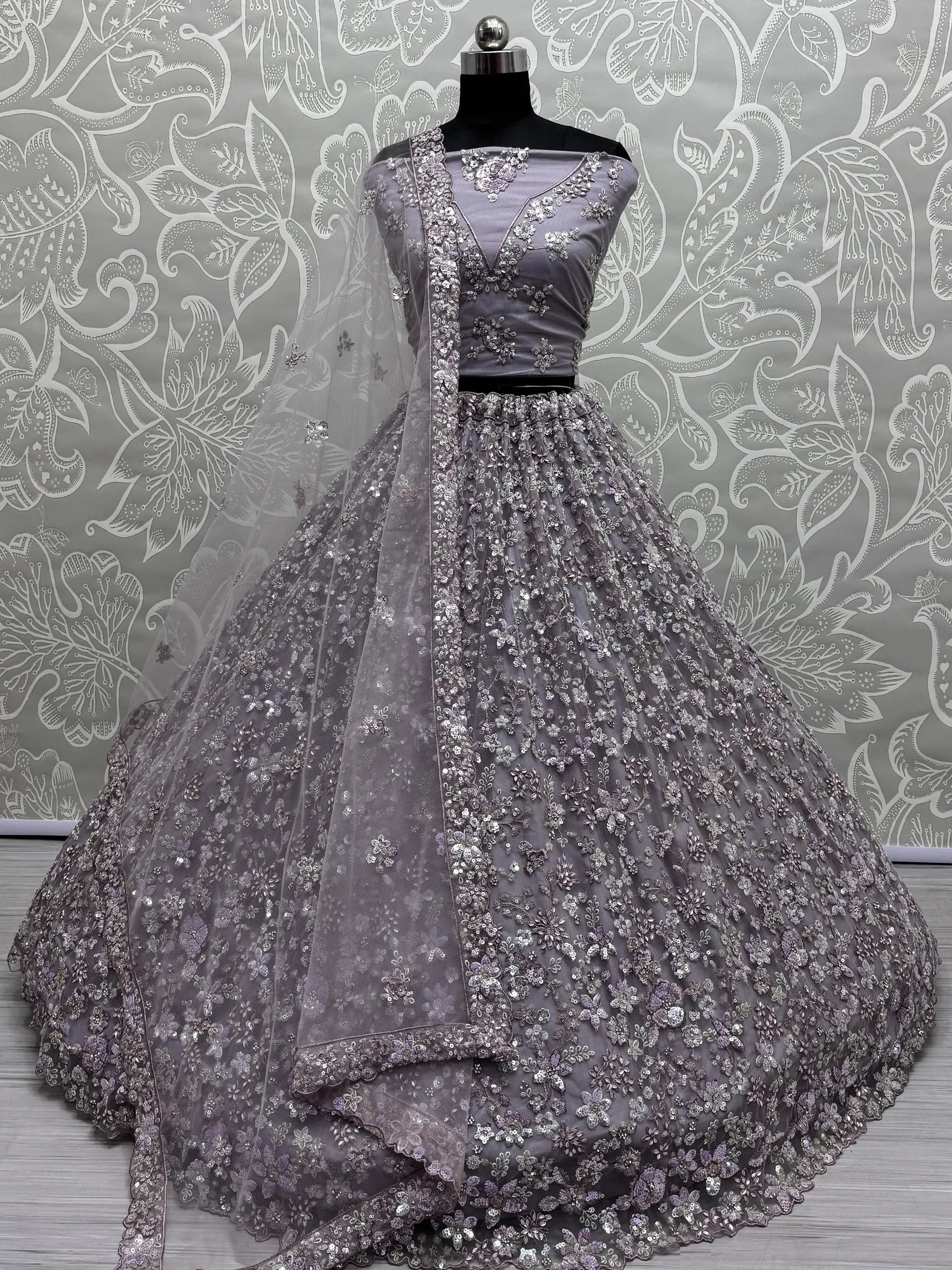 Adorable Lavender Sequins Work Net Bridesmaid Lehenga Choli With Dupatta