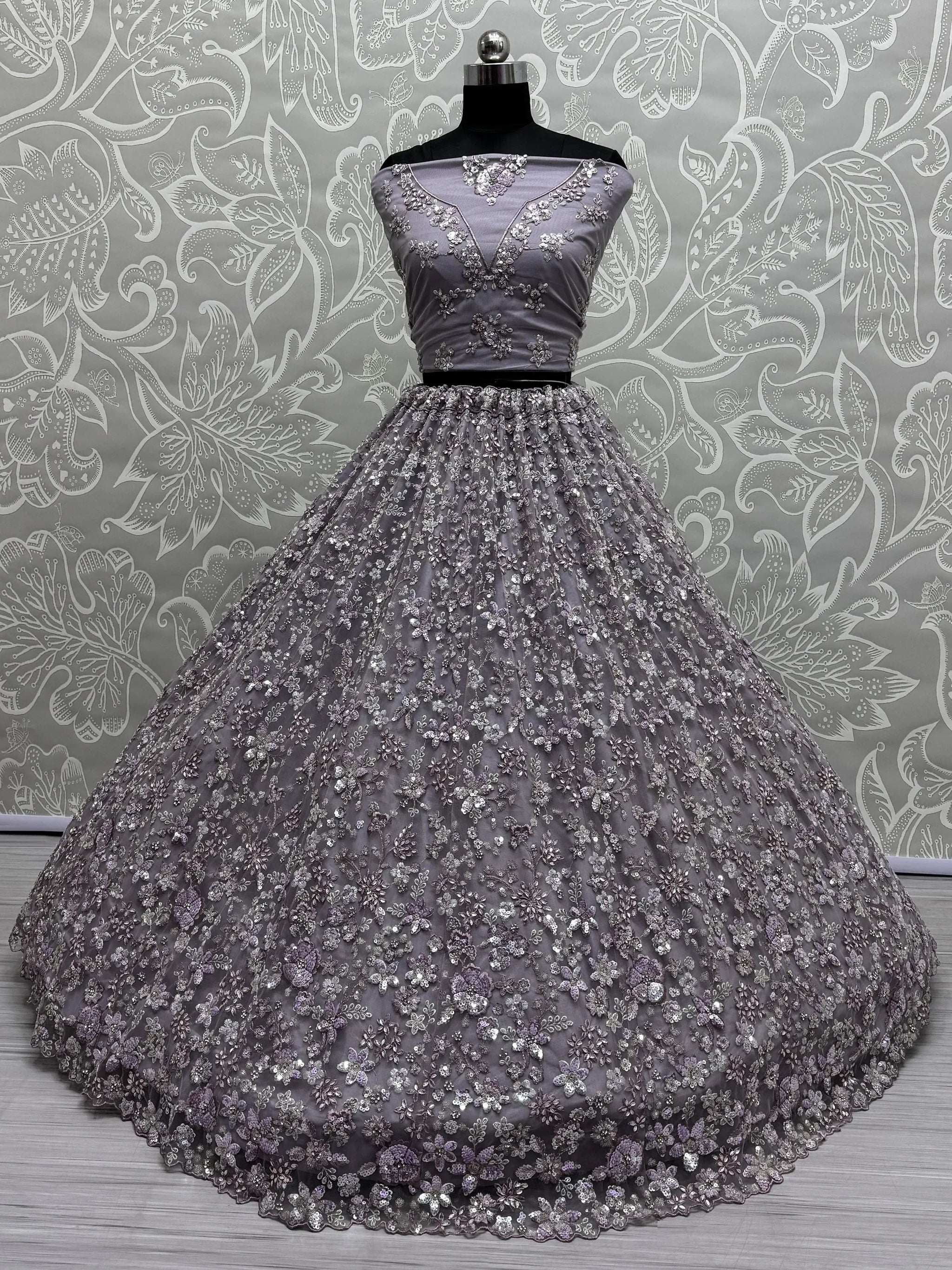 Adorable Lavender Sequins Work Net Bridesmaid Lehenga Choli With Dupatta