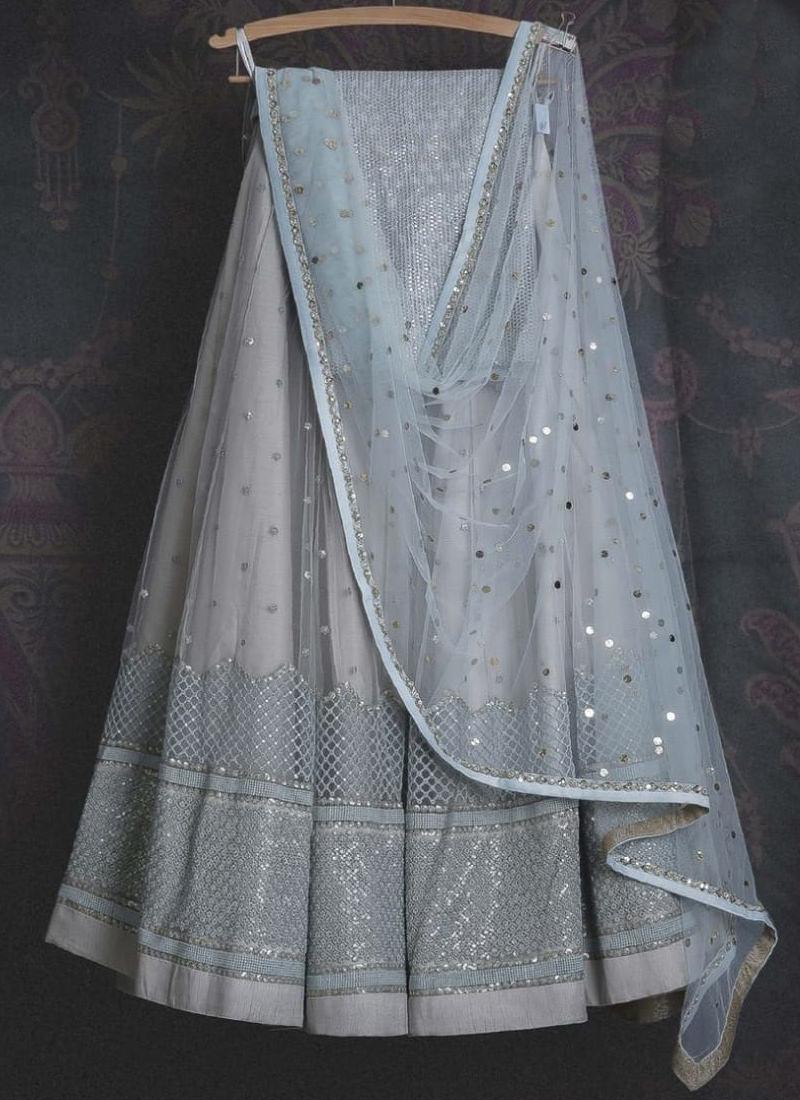 Adorable Light Grey Soft Net Base Sangeet Wear Lehenga Choli