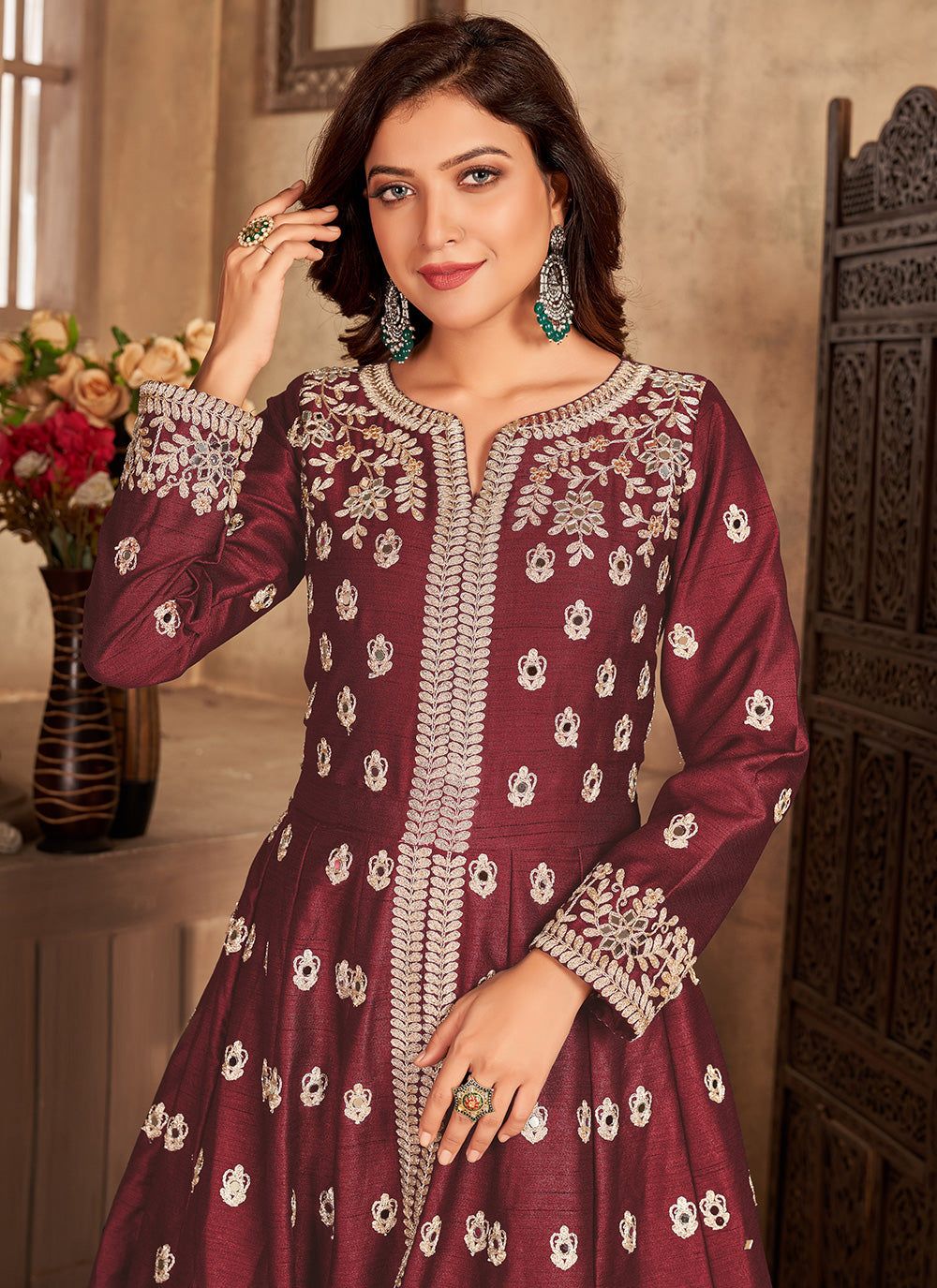Adorable Maroon Embroidered Slitted Abaya Style Kameez