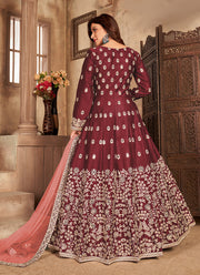Adorable Maroon Embroidered Slitted Abaya Style Kameez