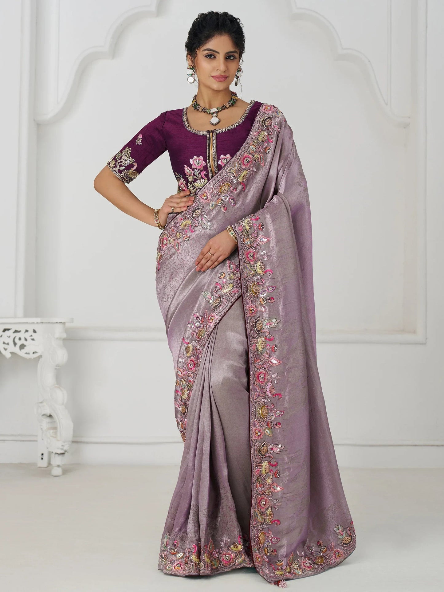Adorable Mauve Thread Work Dola Silk Wedding Saree With Blouse