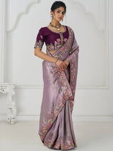 Adorable Mauve Thread Work Dola Silk Wedding Saree With Blouse