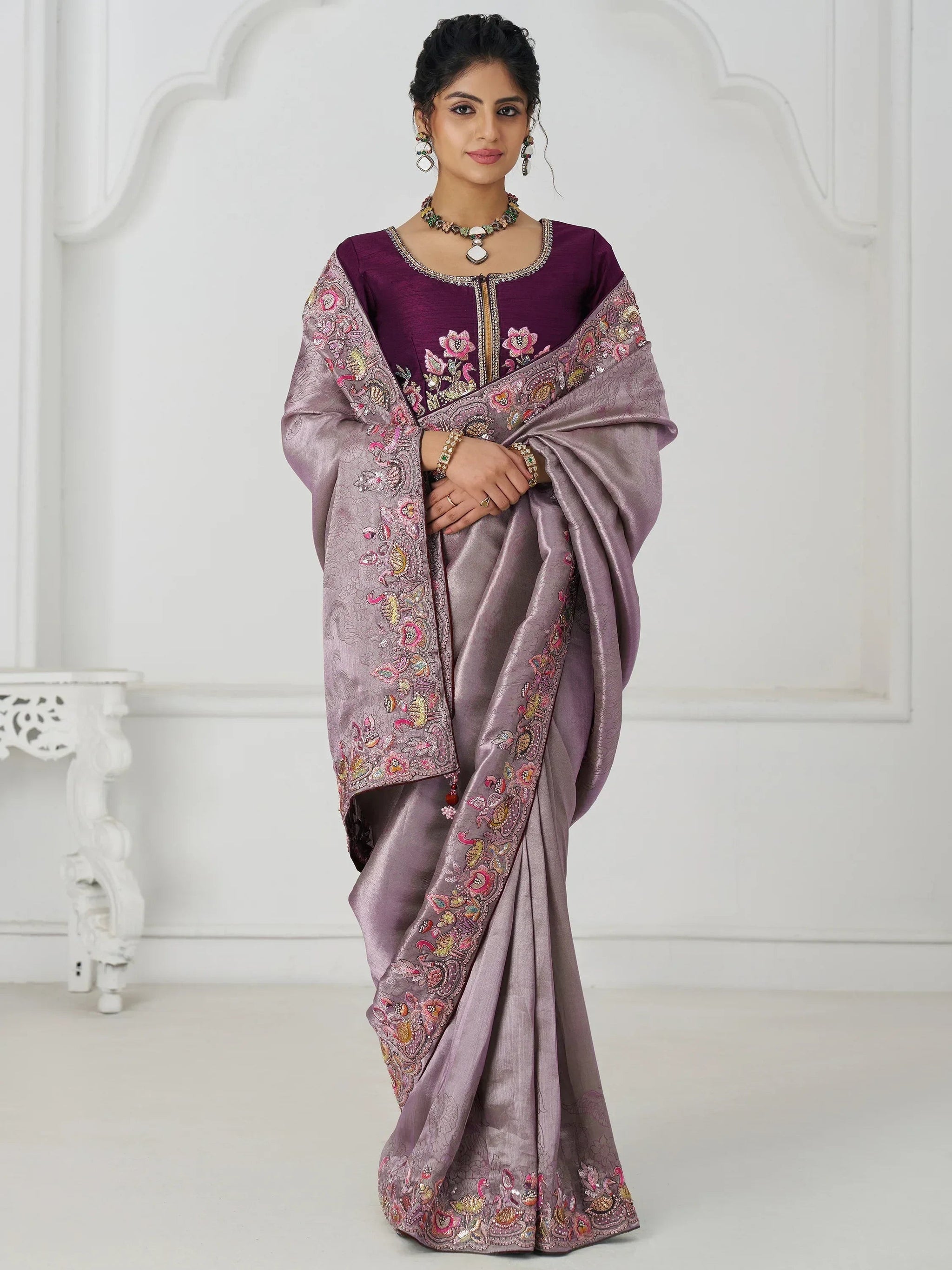 Adorable Mauve Thread Work Dola Silk Wedding Saree With Blouse