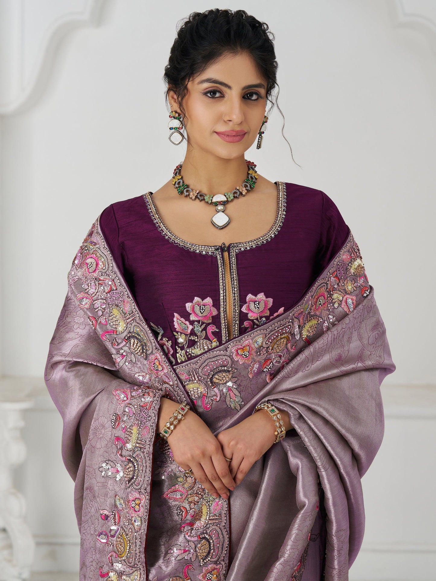 Adorable Mauve Thread Work Dola Silk Wedding Saree With Blouse