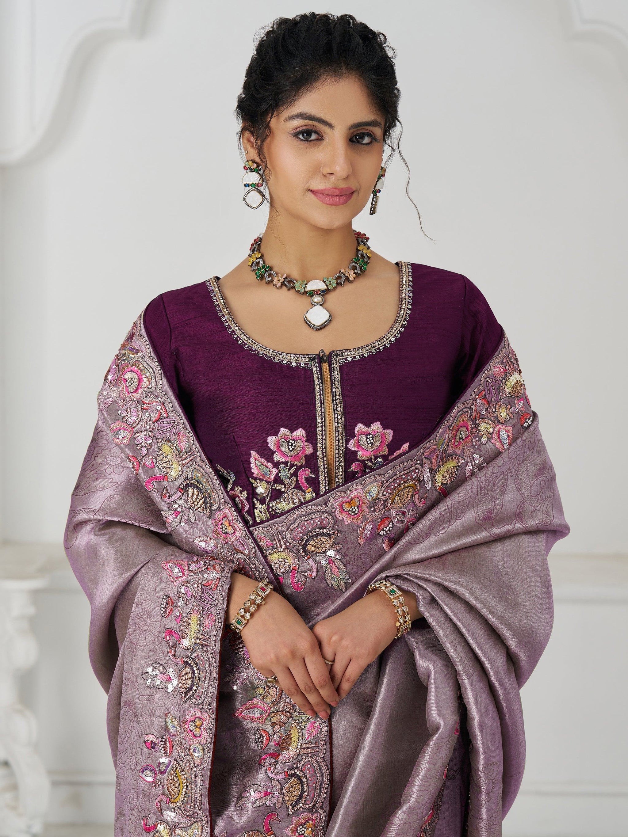 Adorable Mauve Thread Work Dola Silk Wedding Saree With Blouse